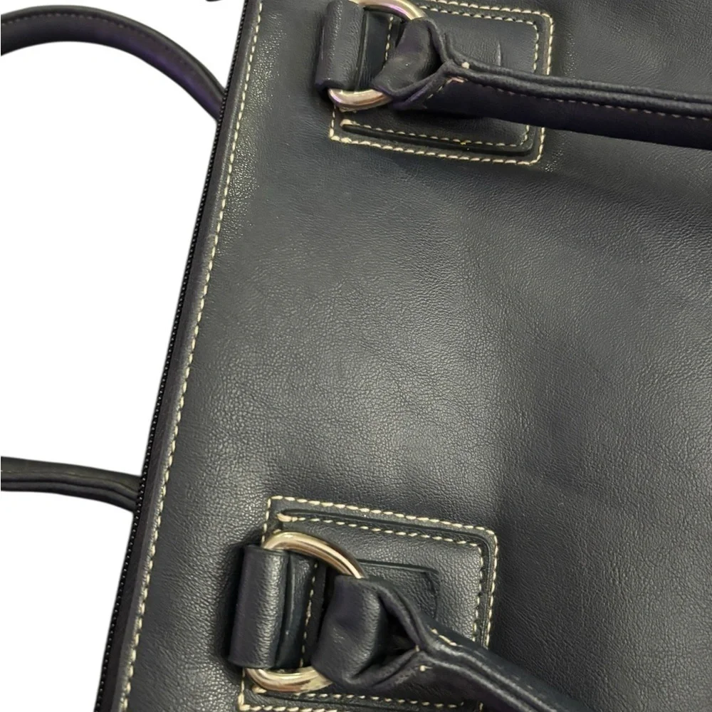 Vintage Chic Navy Faux Leather Satchel with Lots of Storage and Silver Accents